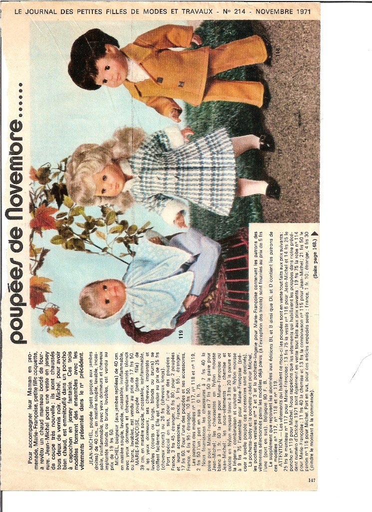 Page De Patron Poupées Modes Et Travaux Avril 1971 - Modèles Marie-Françoise Et Jean-Michel, Occasion