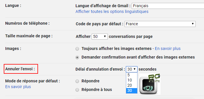 Gmail, paramétrage d'annulation de l'envoi d'un mail