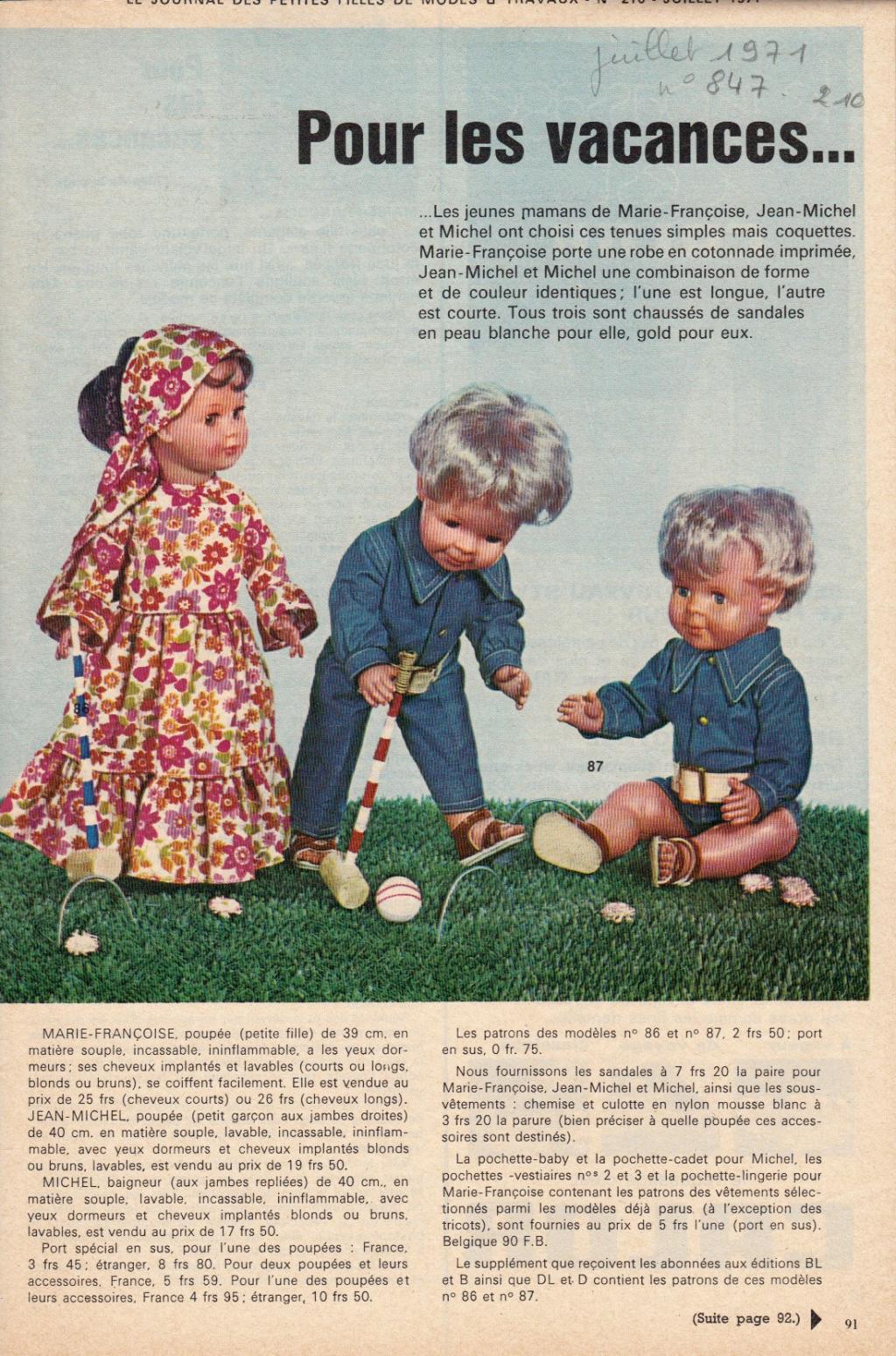 Page De Patron Poupées Modes Et Travaux Avril 1971 - Modèles Marie-Françoise Et Jean-Michel, Occasion