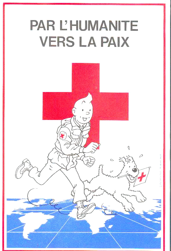 affichette croix rouge "par l'humanité vers la paix" Hergé 1984 Tintin 