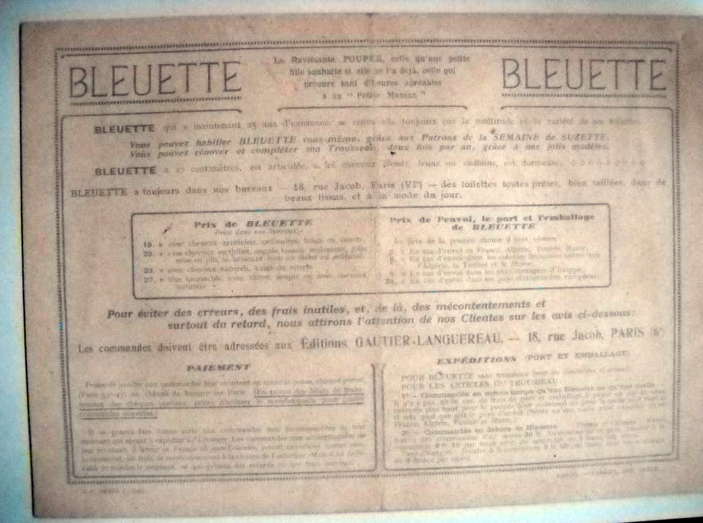 Lot de kits couture pour poupée ancienne Bleuette, 6 patrons complets