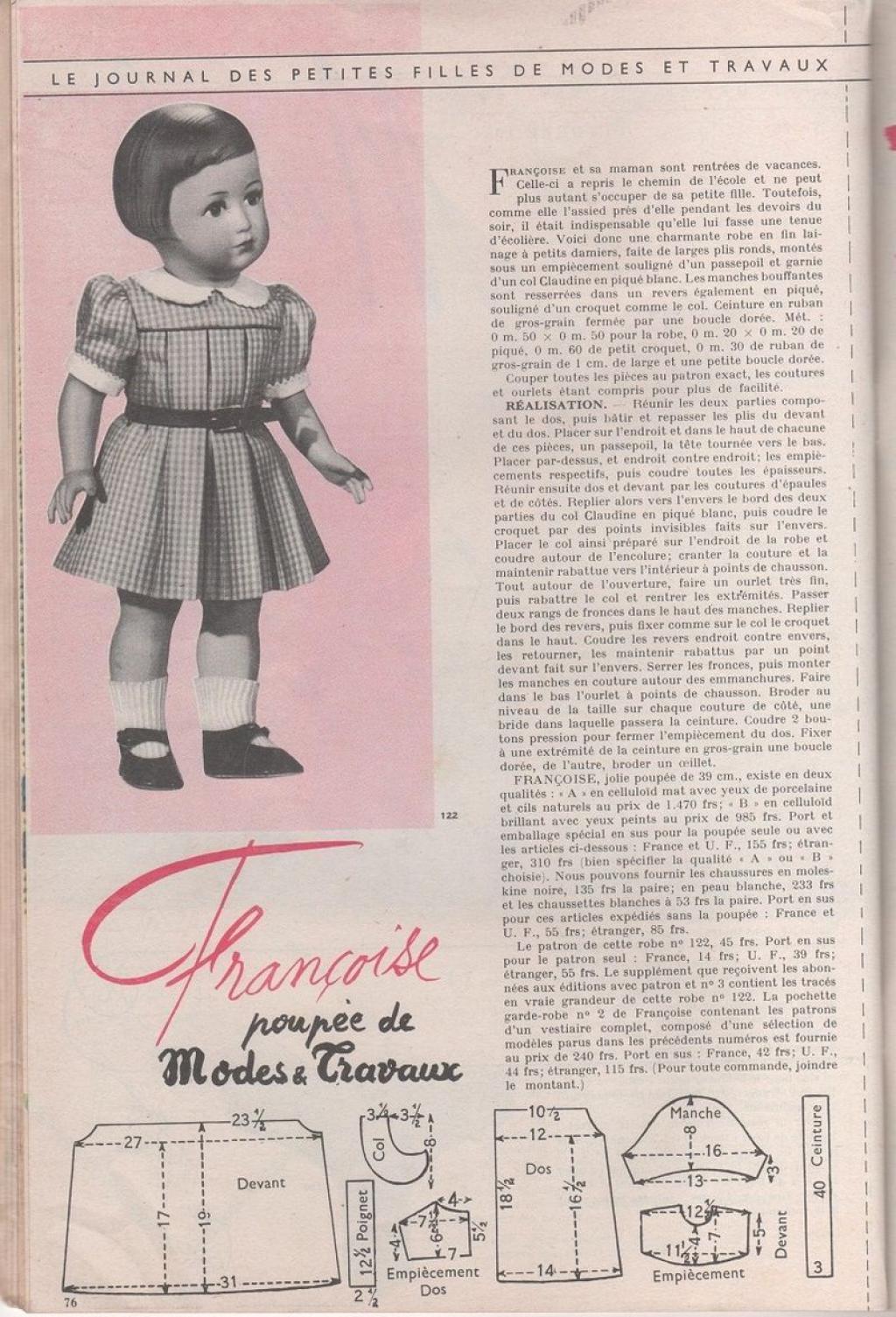 Poupée Françoise Modes Et Travaux 1954 - SNF - Vintage France - Très Belle Occasion