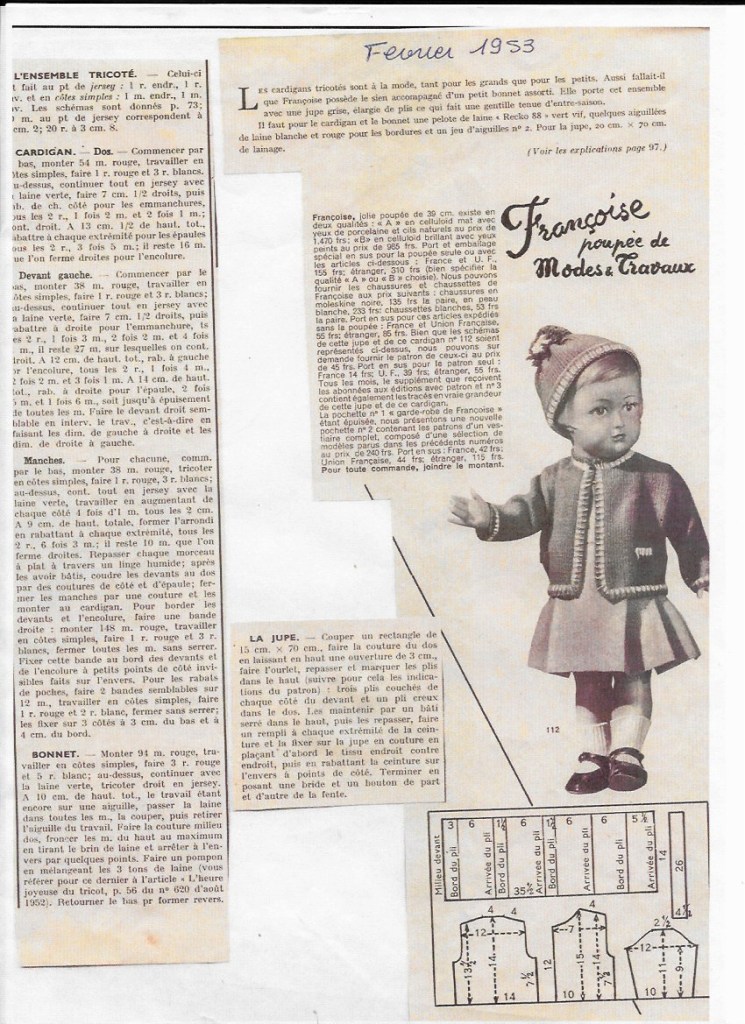 Tenue pour poupée Françoise Modes et Travaux Mars 1953 | atelier-arianne