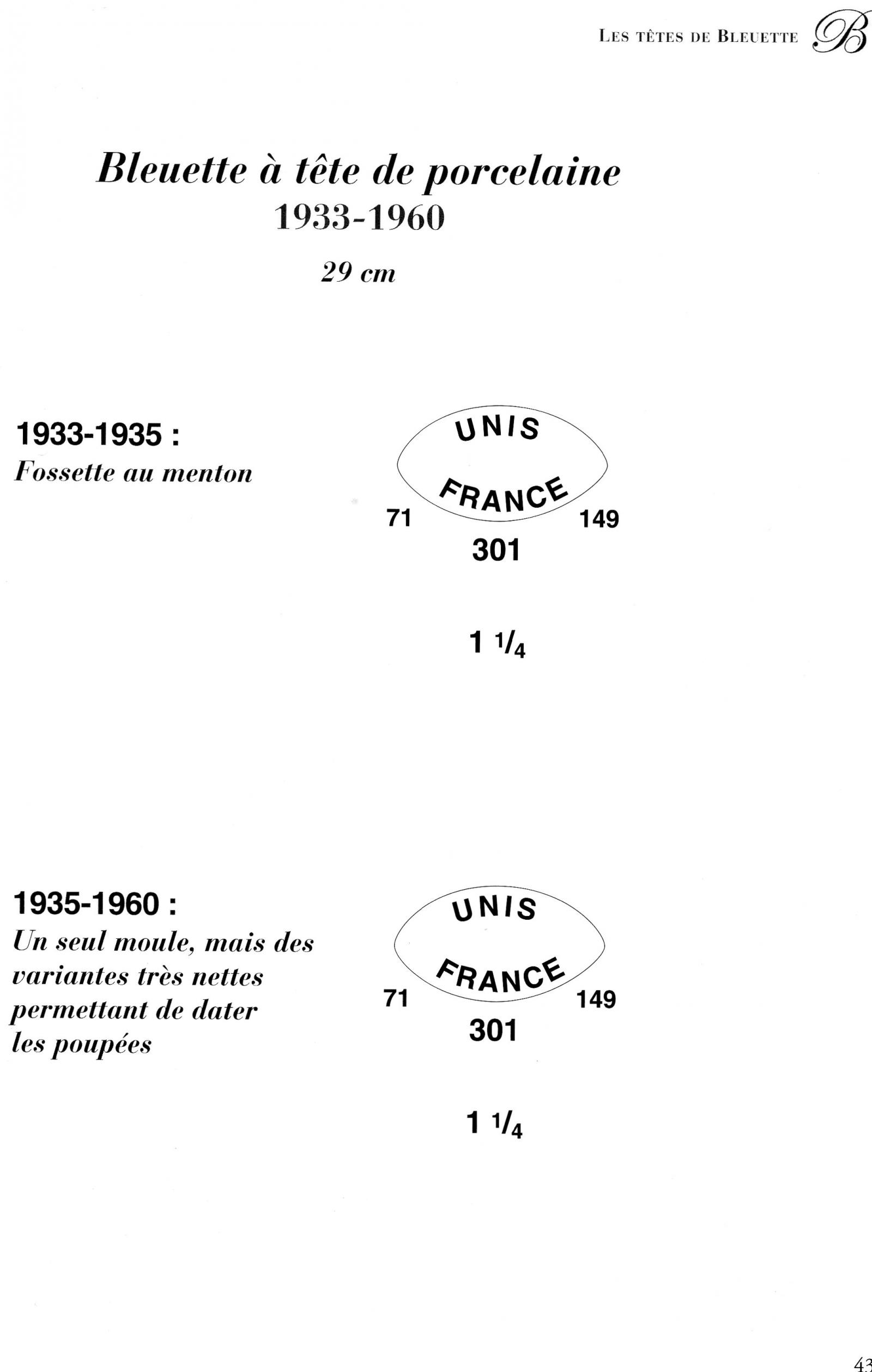 UNIS FRANCE 301 - BLEUETTE. Poupée 1/4, tête en porcelaine